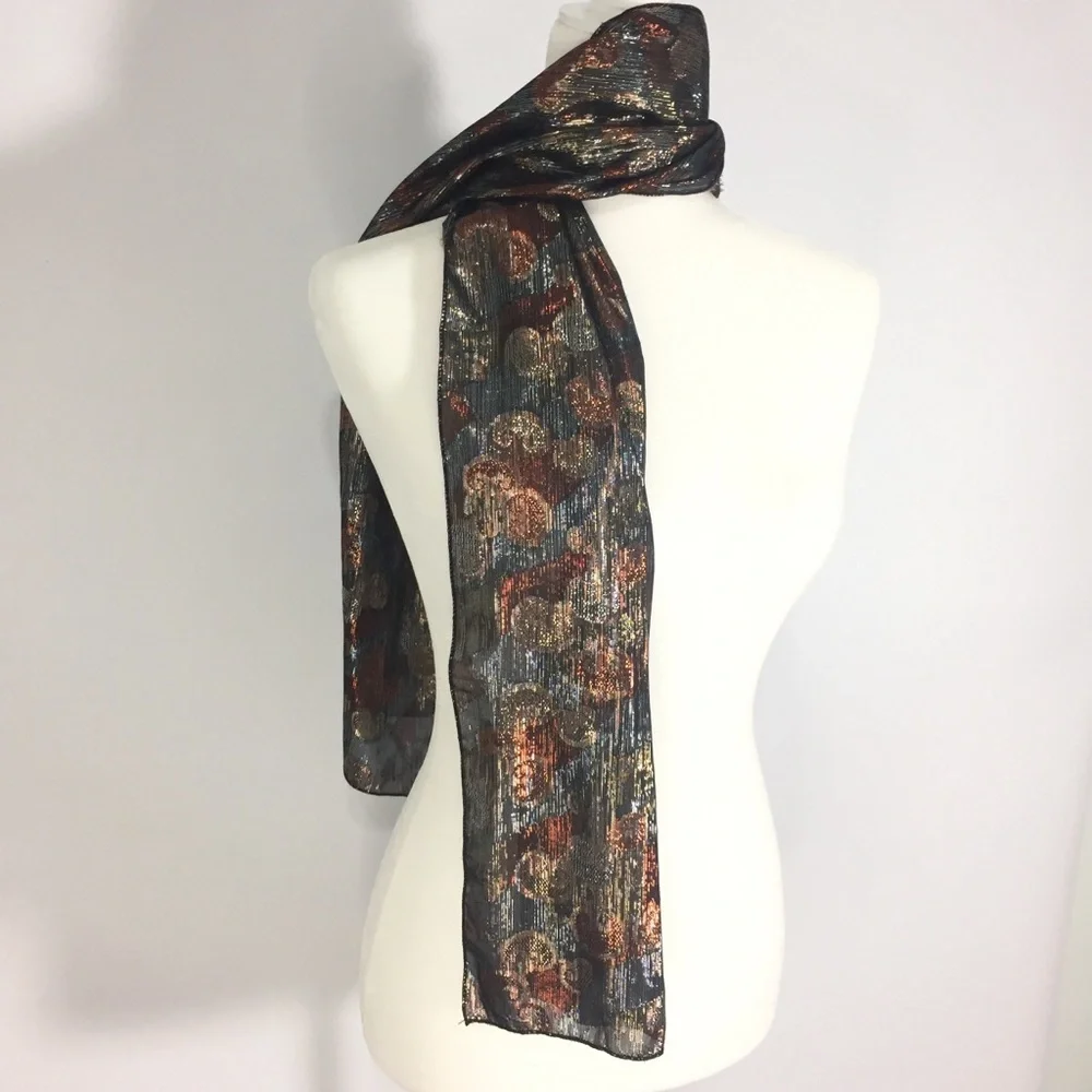 Vintage Scarf Metallic Silver Gold Copper Black Warm Fall Colors - Picture 7 of 13